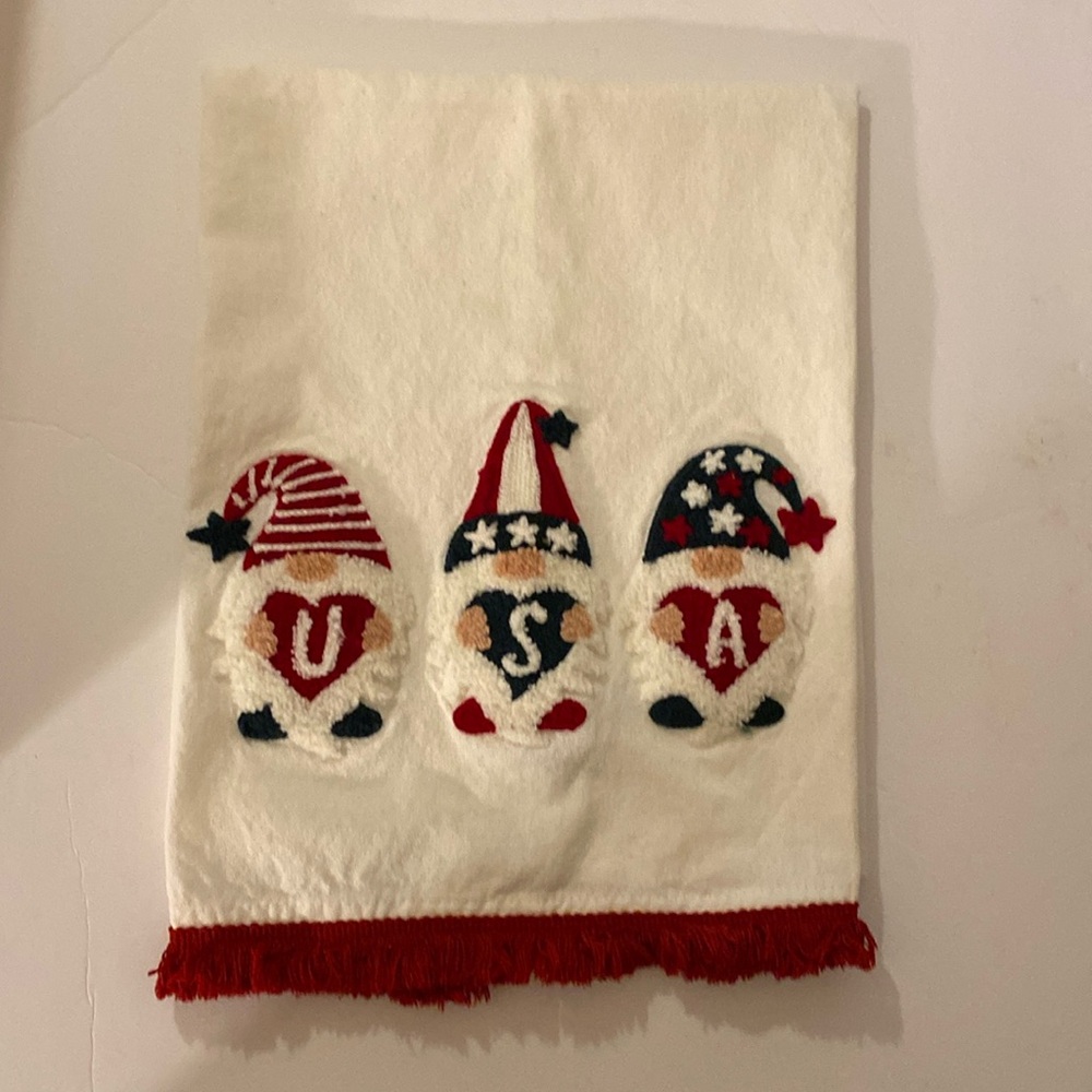 Stars & Stripes Embroidered Kitchen Towel Patriotic Gnomes 100% Cotton